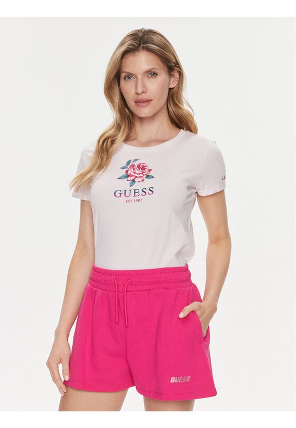 Guess T-Shirt Ss Cn Glittery Rose W4RI37 JA914 Różowy Slim Fit. Kolor: różowy. Materiał: bawełna