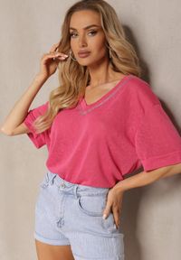 Renee - Fuksjowa Koszulka T-shirt z Brokatem przy Dekolcie Hersana. Kolor: różowy. Materiał: tkanina. Sezon: lato #3