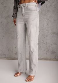 Renee - Jasnoszare Proste Jeansy z Bawełną High Waist Ozdobione Przetarciami Vimareas. Stan: podwyższony. Kolor: szary. Wzór: aplikacja #4