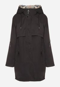 Born2be - Czarna Kurtka Parka z Podpinanymi Rękawami i Kapturem ze Wstawkami w Kratę Kaithna. Kolor: czarny. Materiał: jeans. Wzór: kratka. Styl: klasyczny, elegancki #6