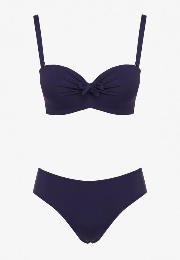 Born2be - Granatowe Bikini Strój Kąpielowy Dwuczęściowy Biustonosz z Supełkiem i Figi Carinela. Kolor: niebieski. Wzór: aplikacja