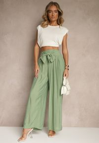 Renee - Zielone Wiskozowe Spodnie High Waist o Szerokim Kroju Aranisa. Okazja: na co dzień. Stan: podwyższony. Kolor: zielony. Materiał: wiskoza. Wzór: aplikacja. Styl: elegancki, casual #5