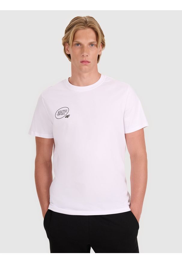 4f - 4F T-shirt regular z nadrukiem męski - biały S. Okazja: na co dzień. Kolor: biały. Materiał: jersey, bawełna, materiał. Długość rękawa: krótki rękaw. Długość: krótkie. Wzór: nadruk. Styl: casual, klasyczny, sportowy