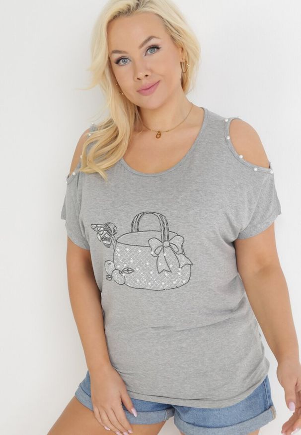 Born2be - Szara Bluzka Oversize z Nadrukiem i Cyrkoniami Gerris. Kolor: szary. Wzór: nadruk