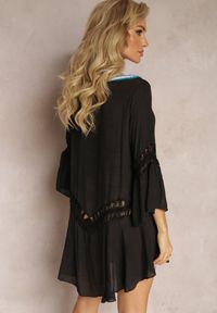 Renee - Czarna Luźna Sukienka Mini Narzutka z Szydełkowym Zdobieniem Elvin. Kolor: czarny. Wzór: aplikacja. Styl: elegancki #3