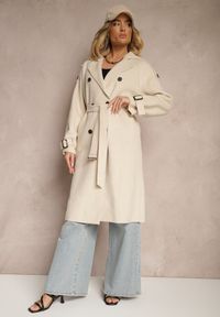 Renee - Beżowy Płaszcz o Dwurzędowym Fasonie z Paskiem Nivela. Kolor: beżowy. Materiał: jeans. Długość rękawa: długi rękaw. Długość: długie. Styl: elegancki #4