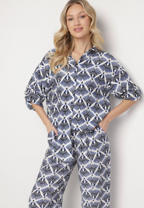 Born2be - Niebieski Komplet z Wiskozą w Etniczny Wzór Szerokie Spodnie i Koszula Elezaria. Kolor: niebieski. Materiał: wiskoza. Wzór: aplikacja