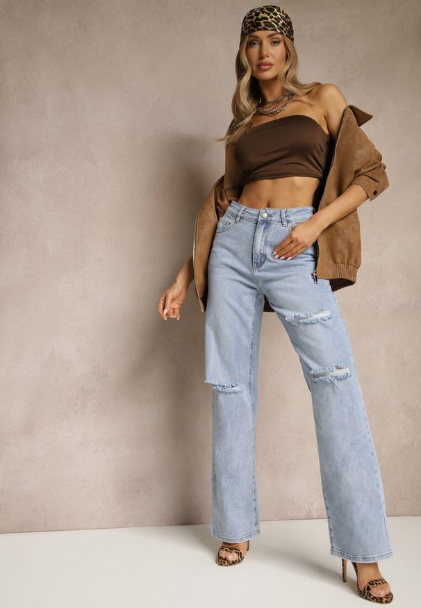 Renee - Niebieskie Szerokie Jeansy High Waist z Ozdobnymi Przetarciami Feleldi. Stan: podwyższony. Kolor: niebieski. Styl: elegancki