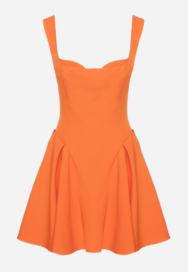 Born2be - Pomarańczowa Rozkloszowana Sukienka z Gorsetową Górą i Dekoltem w Serce Frolami. Okazja: na co dzień. Typ kołnierza: dekolt gorset. Kolor: pomarańczowy. Typ sukienki: gorsetowe. Styl: casual