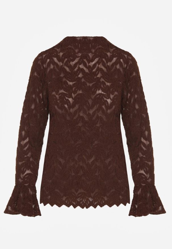 Renee - Brązowa Bluzka z Koronki ze Stójką i Falbankami przy Rękawach Nemira. Typ kołnierza: kołnierzyk stójkowy, kołnierz z falbankami. Kolor: brązowy. Materiał: koronka. Wzór: koronka
