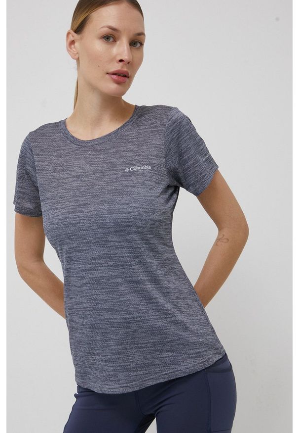 columbia - Columbia T-shirt sportowy Alpine Chill Zero. Kolor: niebieski. Materiał: skóra, dzianina, materiał. Długość rękawa: krótki rękaw. Długość: krótkie. Wzór: ażurowy, ze splotem. Styl: sportowy