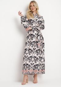 Born2be - Beżowo-Czarna Sukienka o Pudełkowym Fasonie z Satyny w Ornamentalny Print Alerosa. Okazja: na co dzień. Kolor: beżowy. Materiał: satyna. Wzór: nadruk. Styl: casual, elegancki #3
