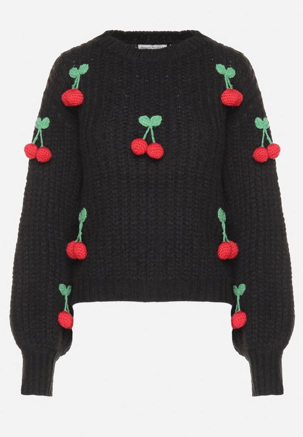 Born2be - Czarny Sweter z Aplikacjami Wisienek o Klasycznym Fasonie Dintinnia. Okazja: na spotkanie biznesowe, na co dzień. Kolor: czarny. Materiał: jeans. Długość rękawa: długi rękaw. Długość: długie. Wzór: aplikacja. Styl: klasyczny