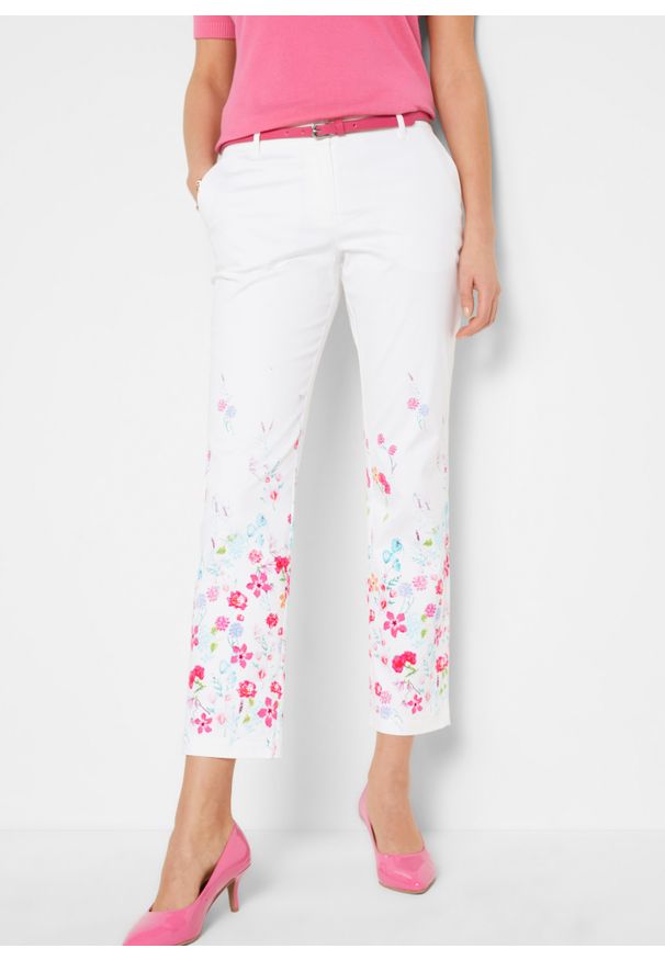 bonprix - Spodnie ze stretchem. Kolor: biały. Wzór: nadruk, kwiaty, gładki. Styl: klasyczny, elegancki