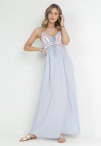 Born2be - Jasnoniebieska Sukienka Wing In. Kolor: niebieski. Materiał: bawełna. Długość rękawa: na ramiączkach. Wzór: aplikacja. Sezon: lato. Długość: maxi #5