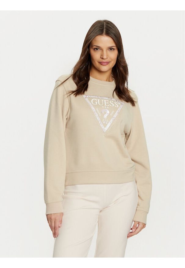 Guess Bluza W5RQ09 K8802 Beżowy Regular Fit. Kolor: beżowy. Materiał: syntetyk, bawełna