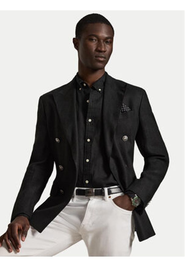 Polo Ralph Lauren Koszula 710968915503 Czarny Slim Fit. Typ kołnierza: polo. Kolor: czarny. Materiał: len