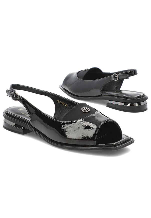 Czarne Sandały S.Barski Modne Lakierowane Buty Damskie. Okazja: na co dzień. Zapięcie: pasek. Kolor: czarny. Materiał: lakier. Wzór: aplikacja. Obcas: na obcasie. Styl: wizytowy, casual, elegancki. Wysokość obcasa: niski