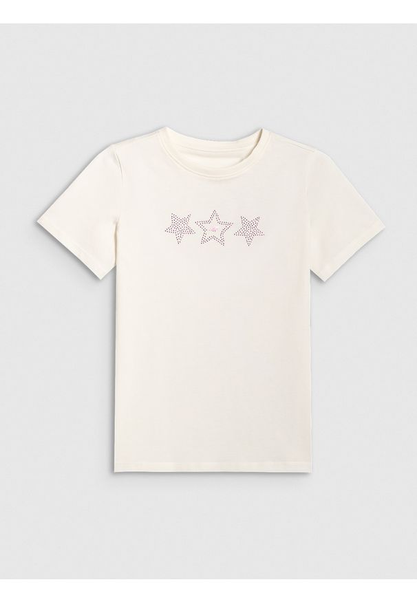 4f - 4F T-shirt regular z nadrukiem dziewczęcy - biały 140 (9-10 lat). Okazja: na co dzień. Kolor: biały. Materiał: bawełna, materiał, skóra. Długość rękawa: krótki rękaw. Długość: krótkie. Wzór: nadruk. Sezon: lato. Styl: casual