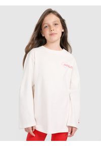 4f - 4F Longsleeve oversize z nadrukiem dziewczęcy - biały 140 (9-10 lat). Okazja: na co dzień. Kolor: biały. Materiał: jersey, bawełna, materiał. Długość rękawa: długi rękaw. Długość: długie. Wzór: nadruk. Sezon: lato. Styl: casual, klasyczny, sportowy #1