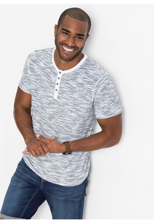 bonprix - T-shirt z dekoltem henley z czystej bawełny, krótki rękaw. Typ kołnierza: typu henley. Kolor: niebieski. Materiał: bawełna. Długość rękawa: krótki rękaw. Długość: krótkie. Wzór: paski