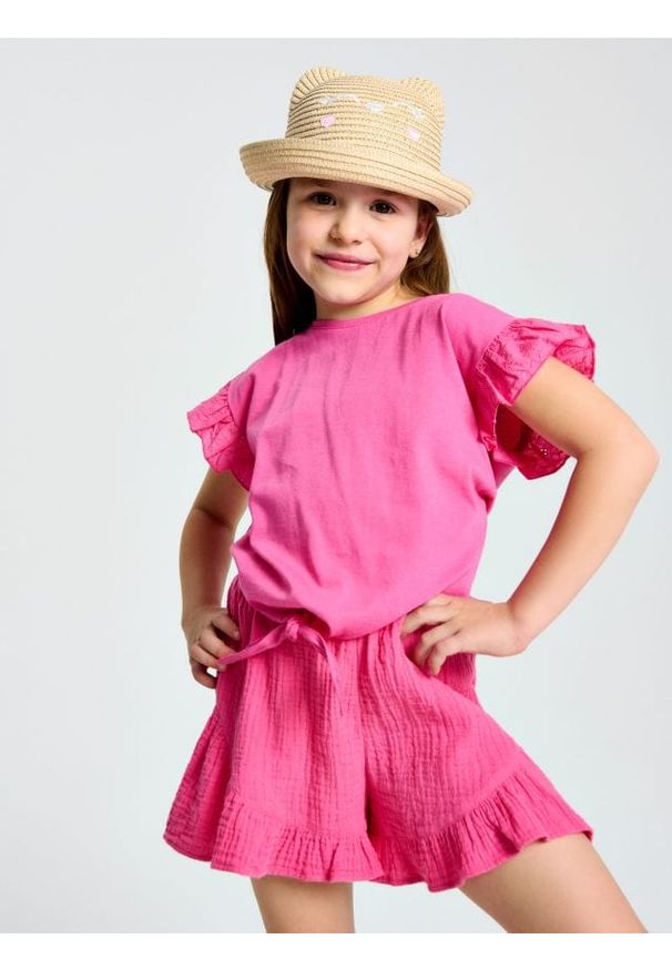 Sinsay - Szorty z muślinowej bawełny wykończone falbanami - różowy. Kolor: różowy. Materiał: bawełna