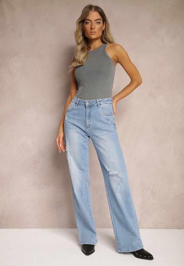 Renee - Niebieskie Jeansy o Szerokim Kroju High Waist z Bawełny Eviraena. Okazja: na co dzień. Stan: podwyższony. Kolor: niebieski. Długość: długie. Wzór: aplikacja. Styl: elegancki, casual