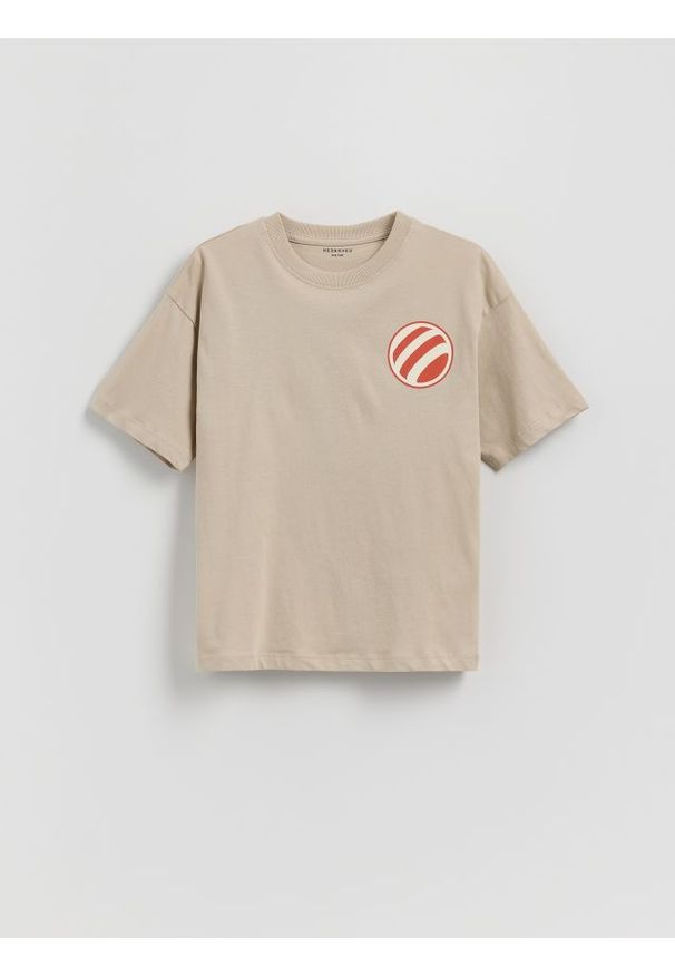 Reserved - Bawełniany t-shirt z nadrukiem - kremowy. Kolor: kremowy. Materiał: bawełna. Wzór: nadruk
