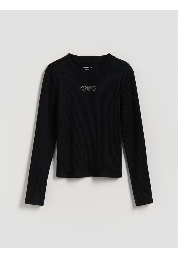 Reserved - Prążkowana bluzka z aplikacją - czarny. Kolor: czarny. Materiał: prążkowany. Wzór: aplikacja