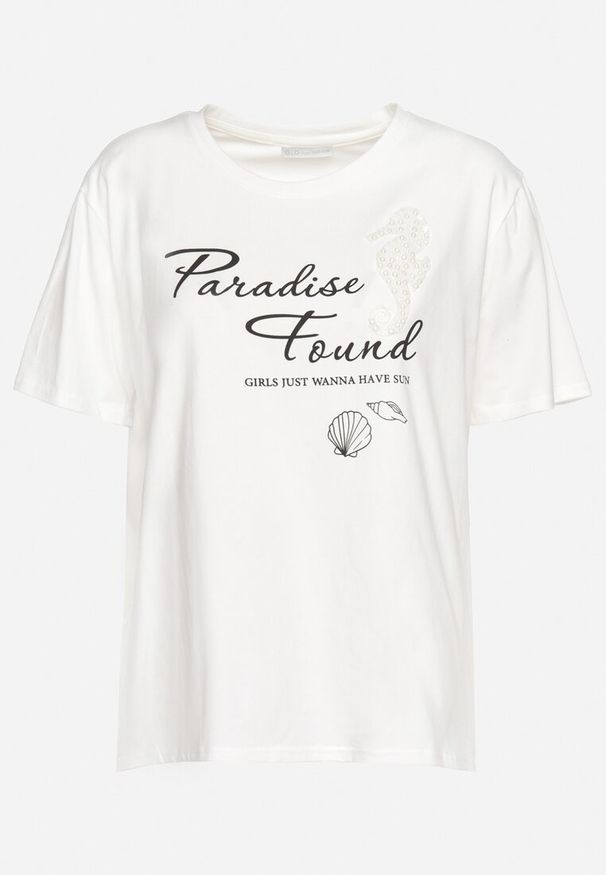 Born2be - Biały Klasyczny Bawełniany T-shirt z Krótkim Rękawem z Nadrukiem Ozdobiony Perełkami Tiavenna. Okazja: na co dzień. Kolor: biały. Materiał: bawełna. Długość rękawa: krótki rękaw. Długość: krótkie. Wzór: aplikacja, nadruk. Styl: klasyczny