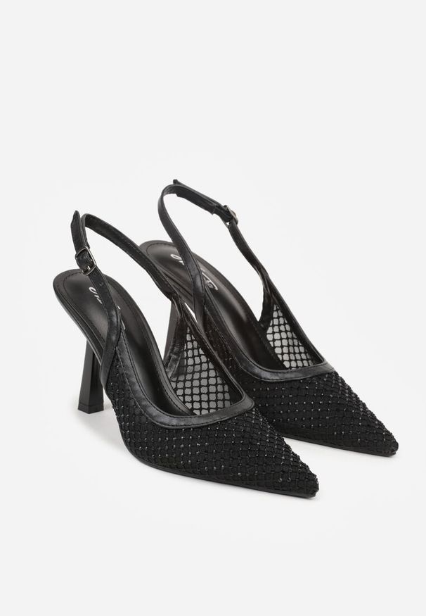 Born2be - Czarne Sandały na Szpilce Bez Pięty Ozdobione Siateczką i Cyrkoniami Nemelana. Zapięcie: sprzączka. Kolor: czarny. Materiał: jeans. Wzór: aplikacja. Sezon: lato. Obcas: na szpilce