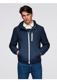 Ombre Clothing - Lekka sportowa kurtka męska z polarową podszewką – granatowa V2 - Rozmiar: M. Typ kołnierza: kołnierzyk stójkowy. Kolor: niebieski. Materiał: polar. Wzór: nadruk, aplikacja, melanż, ze splotem. Styl: sportowy