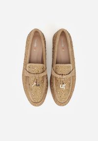 Renee - Ciemnobeżowe Mokasyny z Cyrkoniami i Ozdobami Distantsteam. Okazja: na co dzień. Kolor: beżowy. Materiał: jeans. Wzór: aplikacja. Styl: glamour, casual #9