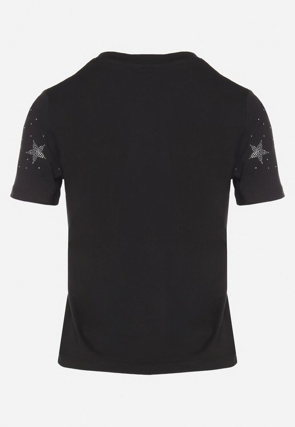 Born2be - Czarny Bawełniany T-shirt z Cyrkoniowymi Aplikacjami w Gwiazdki Tenivella. Okazja: na spotkanie biznesowe, na co dzień, do pracy. Kolor: czarny. Materiał: bawełna. Wzór: aplikacja. Styl: elegancki, biznesowy, casual