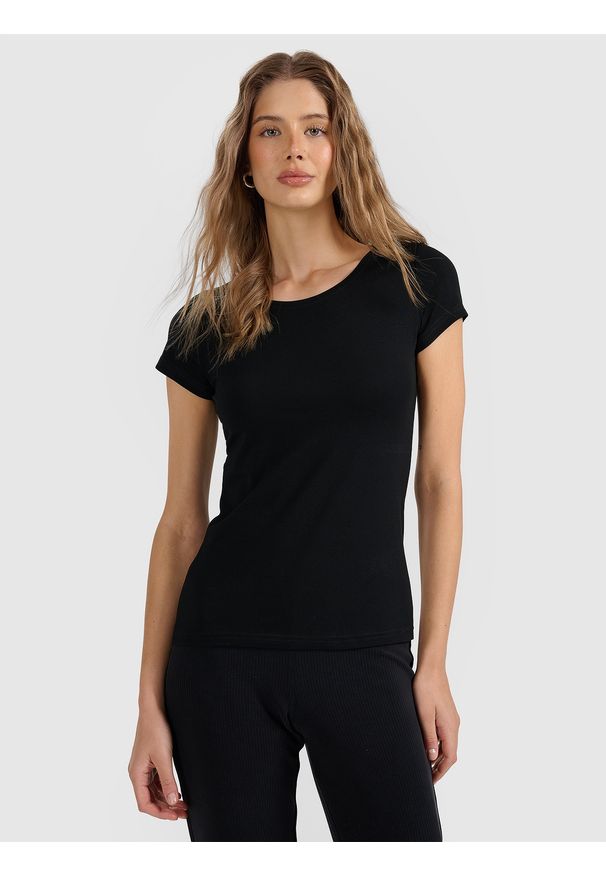 4f - 4F T-shirt regular gładki damski M. Kolor: czarny. Materiał: bawełna, dzianina. Wzór: gładki