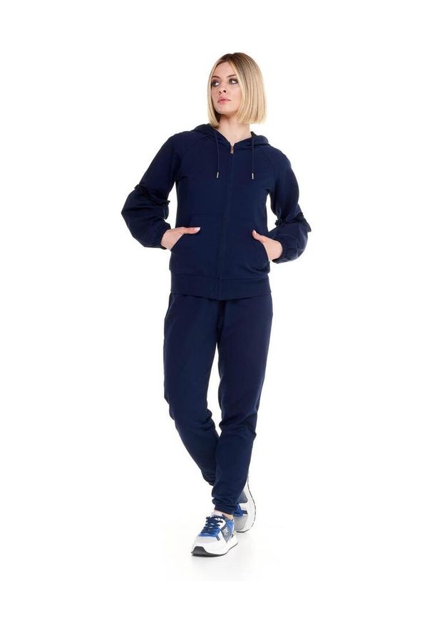 LEONE 1947 APPAREL - Błyszcząca damska bluza z kapturem zapinana na zamek. Typ kołnierza: kaptur. Kolor: niebieski. Materiał: tkanina. Sport: fitness