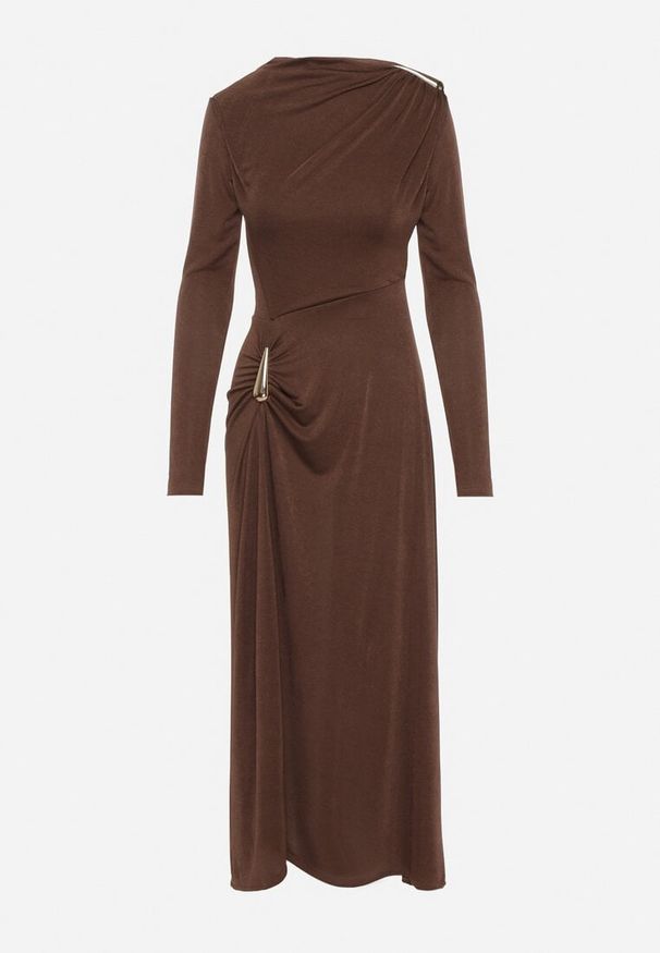 Born2be - Brązowa Koktajlowa Sukienka Ozdobiona Metaliczną Aplikacją i Marszczeniem z Boku Retima. Kolor: brązowy. Wzór: aplikacja. Styl: wizytowy