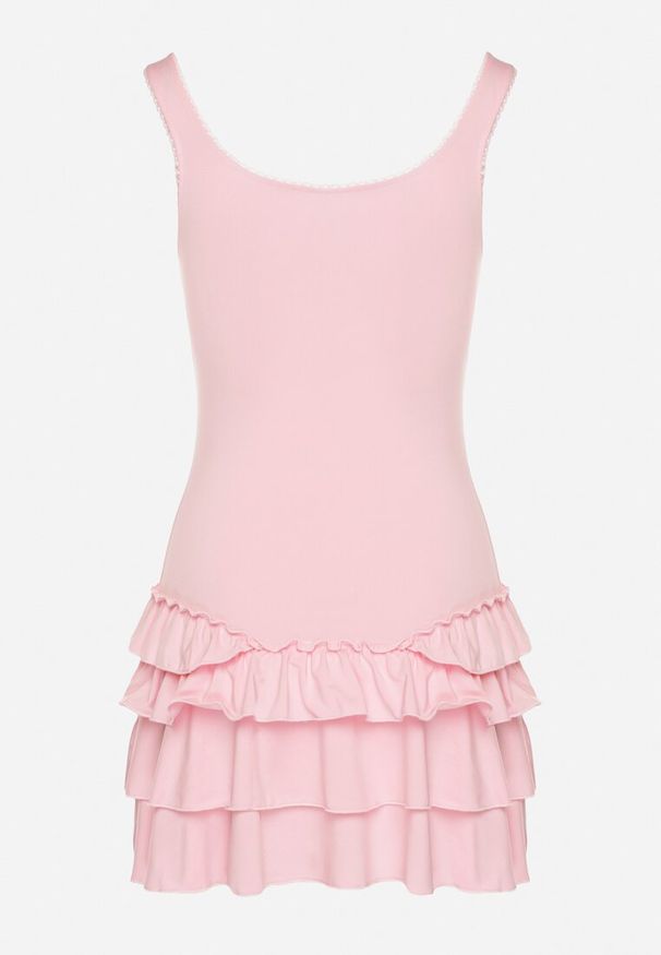 Born2be - Różowa Sukienka z Wiskozą Ozdobiona Falbankami Ovinia. Okazja: na co dzień. Typ kołnierza: kołnierz z falbankami. Kolor: różowy. Materiał: wiskoza. Długość rękawa: na ramiączkach. Wzór: aplikacja. Styl: casual