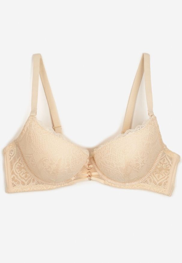 Born2be - Beżowy Koronkowy Biustonosz Miseczka C Zapinany na Haftki Maileen. Kolor: beżowy. Materiał: koronka. Wzór: koronka