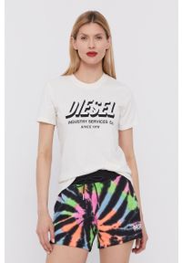 Diesel T-shirt damski kolor kremowy. Okazja: na co dzień. Kolor: beżowy. Materiał: dzianina, poliester. Wzór: nadruk. Styl: casual