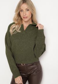Born2be - Zielony Sweter o Krótkim Kroju z Kołnierzykiem i Dekoltem w Serek Valentarisa. Okazja: na co dzień. Typ kołnierza: dekolt w serek. Kolor: zielony. Materiał: bawełna, jeans. Długość: krótkie. Styl: klasyczny, elegancki, casual #4