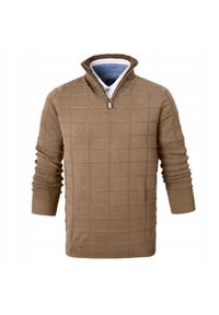 Elegancki Sweter Męski (Zamek) - Pako Jeans - Wysoki Dekolt, Kawa z Mlekiem. Kolor: brązowy, wielokolorowy, beżowy. Materiał: bawełna. Styl: elegancki #3