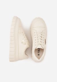 Renee - Beżowe Sneakersy VICES na Tłoczonej Podeszwie w Stylu Chunky Myninis. Okazja: na co dzień. Kolor: beżowy. Materiał: skóra, koronka. Obcas: na platformie #2