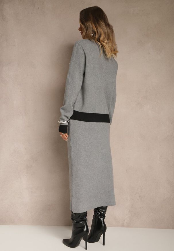 Renee - Czarno-Szary Sweterkowy Komplet z Dzianiny z Bawełną Kardigan i Spódnica Derrive. Kolor: czarny. Materiał: dzianina, bawełna. Wzór: aplikacja