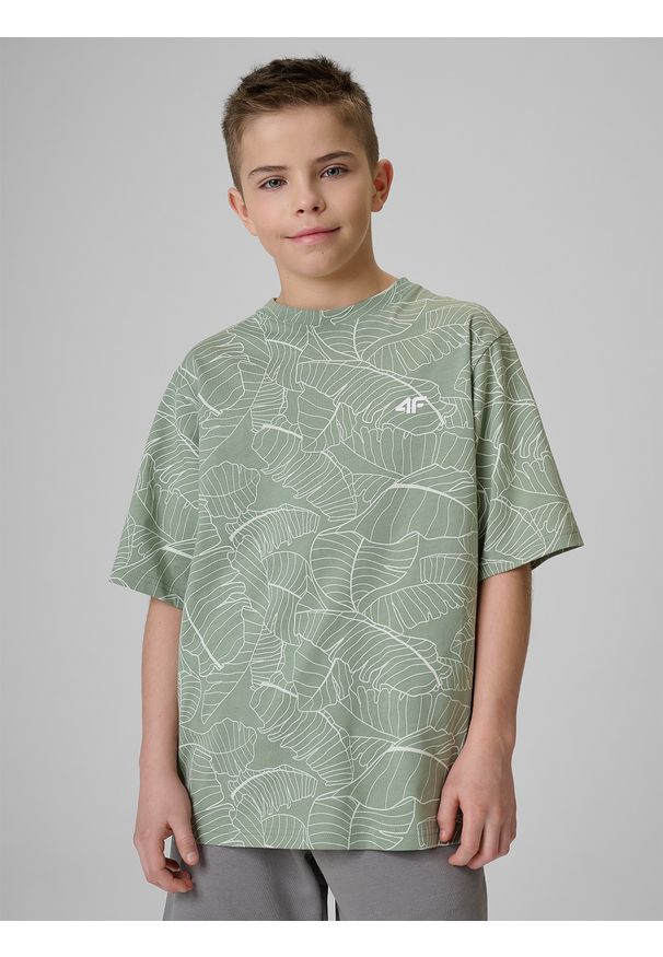 4f - 4F T-shirt loose z nadrukiem chłopięcy - miętowy 164 (13-14 lat). Okazja: na co dzień, na uczelnię. Kolor: turkusowy. Materiał: dzianina, materiał, dresówka, bawełna, skóra. Wzór: nadruk. Sezon: lato. Styl: casual