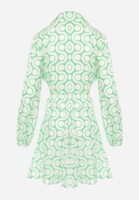 Born2be - Zielono-Beżowa Bawełniana Sukienka Mini w Geometryczny Wzór Frenia. Kolor: zielony. Materiał: bawełna. Długość rękawa: długi rękaw. Wzór: geometria. Typ sukienki: rozkloszowane, koszulowe. Styl: elegancki. Długość: mini #6
