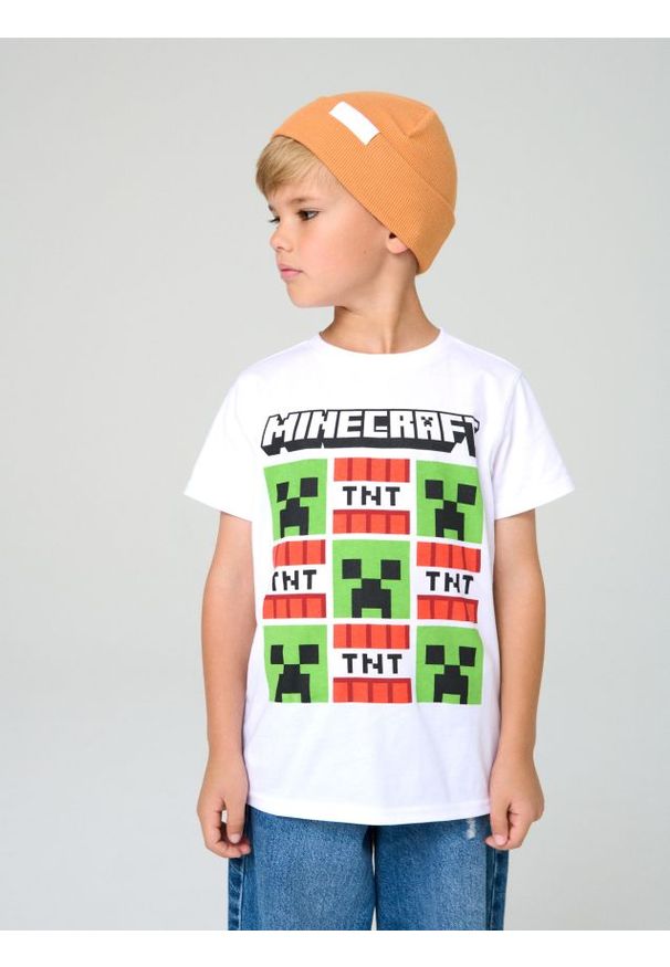 Sinsay - Bawełniana koszulka z nadrukiem Minecraft - biały. Kolor: biały. Materiał: bawełna. Wzór: nadruk