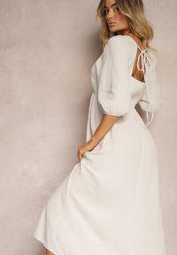 Renee - Beżowa Sukienka z Bawełny Ozdobiona Wiązaniem i Gumką w Pasie Wlarina. Okazja: na imprezę. Kolor: beżowy. Materiał: bawełna. Wzór: aplikacja. Styl: wizytowy