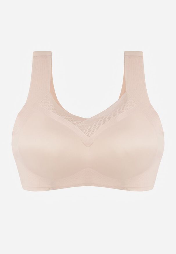 Renee - Beżowy Sportowy Biustonosz z Usztywnieniem Ozdobiony Siateczkową Wstawką Edalissa. Kolor: beżowy. Rodzaj stanika: wyciągane miseczki. Wzór: aplikacja