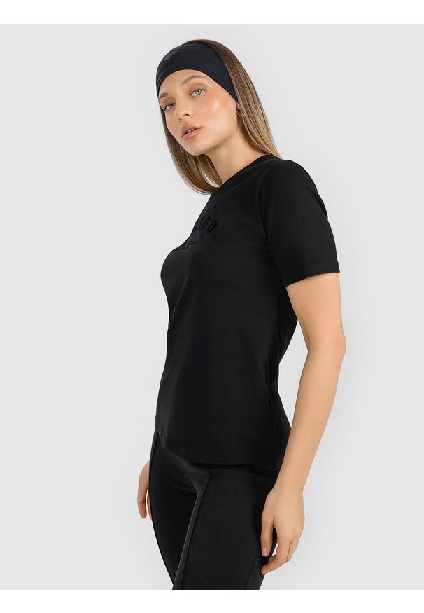 4f - 4F T-shirt regular z nadrukiem damski - czarny XS. Okazja: na co dzień. Kolor: czarny. Materiał: skóra, bawełna, materiał. Długość: długie. Wzór: nadruk. Styl: casual